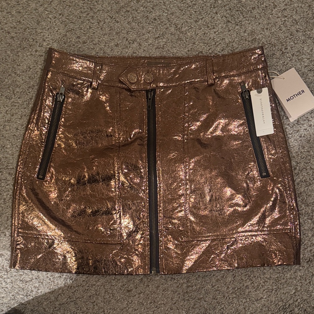 MOTHER Metallic Copper Zip-Front Mini Skirt